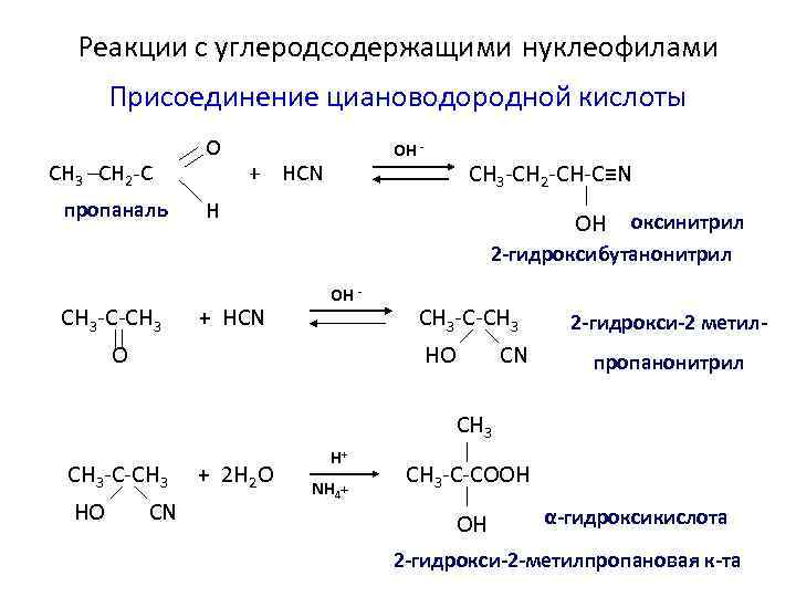 Гидролиз пропаналя. Присоединение циановодородной кислоты. Пропанон 2 с циановодородной кислотой. Взаимодействие пировиноградной кислоты с циановодородной кислотой. Реакция циановодородной кислоты.