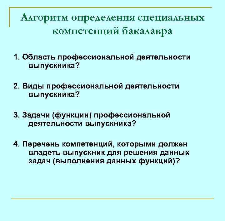 Алгоритм определения специальных компетенций бакалавра 1. Область профессиональной деятельности выпускника? 2. Виды профессиональной деятельности