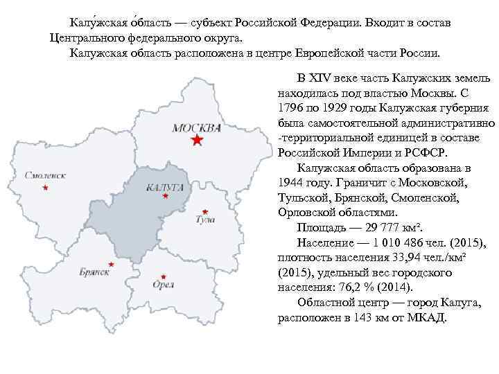 Калу жская о бласть — субъект Российской Федерации. Входит в состав Центрального федерального округа.