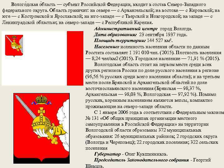 Волого дская о бласть — субъект Российской Федерации, входит в состав Северо-Западного федерального округа.
