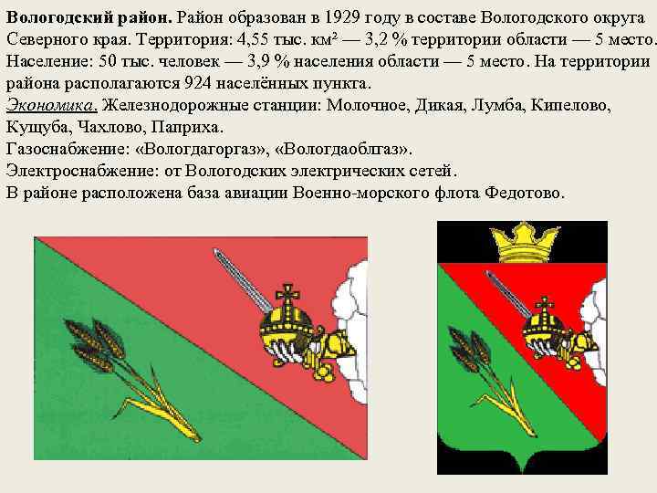 Вологодский район. Район образован в 1929 году в составе Вологодского округа Северного края. Территория: