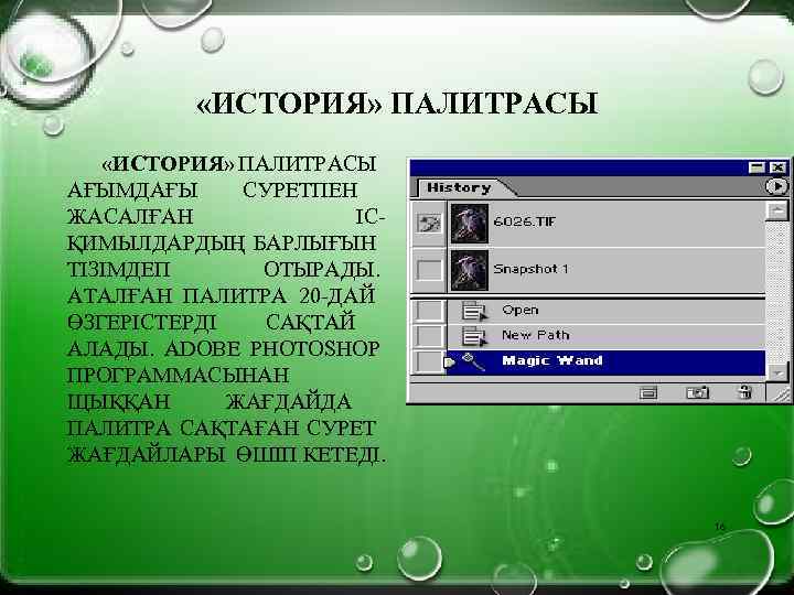  «ИСТОРИЯ» ПАЛИТРАСЫ АҒЫМДАҒЫ СУРЕТПЕН ЖАСАЛҒАН ІСҚИМЫЛДАРДЫҢ БАРЛЫҒЫН ТІЗІМДЕП ОТЫРАДЫ. АТАЛҒАН ПАЛИТРА 20 -ДАЙ