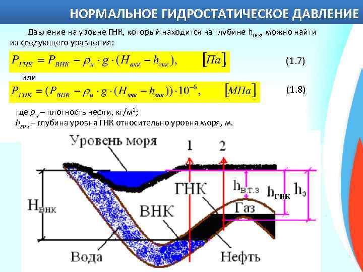 НОРМАЛЬНОЕ ГИДРОСТАТИЧЕСКОЕ ДАВЛЕНИЕ Давление на уровне ГНК, который находится на глубине hгнк, можно найти