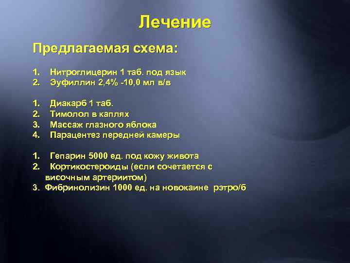 Лечение Предлагаемая схема: 1. 2. Нитроглицерин 1 таб. под язык Эуфиллин 2, 4% -10,