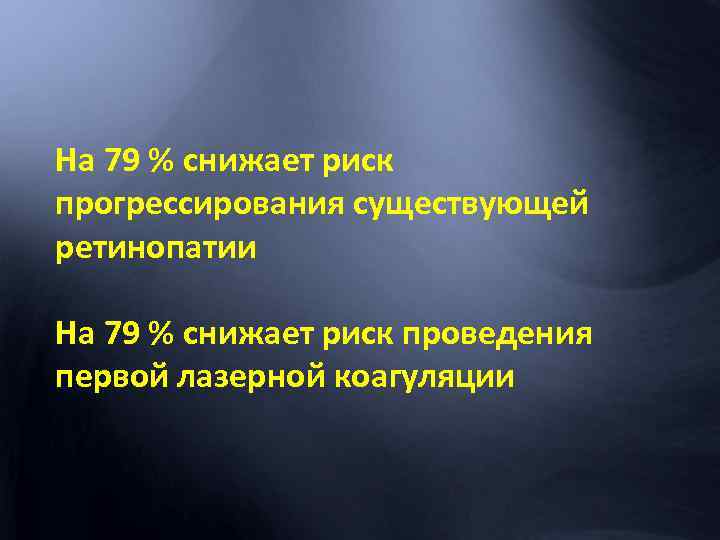 На 79 % снижает риск прогрессирования существующей ретинопатии На 79 % снижает риск проведения