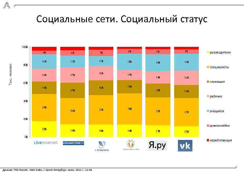 Социальные сети. Социальный статус 100% 6% 7% 16% Тыс. человек 4% 13% 11% 6%