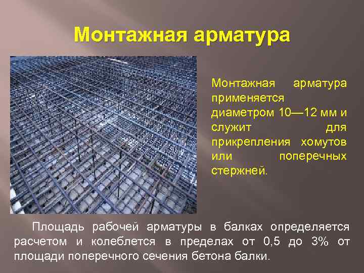 Монтажная арматура применяется диаметром 10— 12 мм и служит для прикрепления хомутов или поперечных