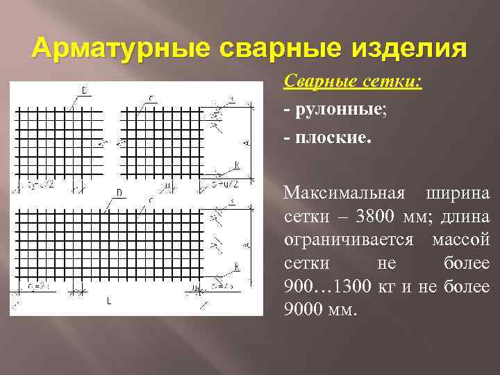 Арматурные сварные изделия Сварные сетки: - рулонные; - плоские. Максимальная ширина сетки – 3800