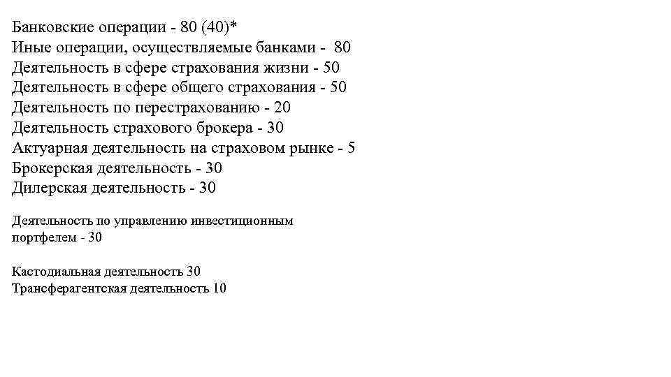 Банковские операции - 80 (40)* Иные операции, осуществляемые банками - 80 Деятельность в сфере