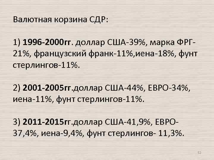 Валютная корзина СДР: 1) 1996 -2000 гг. доллар США-39%, марка ФРГ 21%, французский франк-11%,