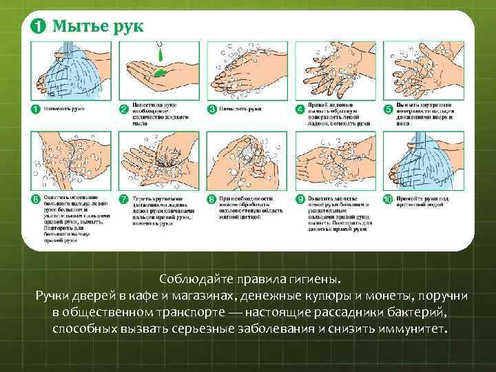 Соблюдайте правила гигиены. Ручки дверей в кафе и магазинах, денежные купюры и монеты, поручни