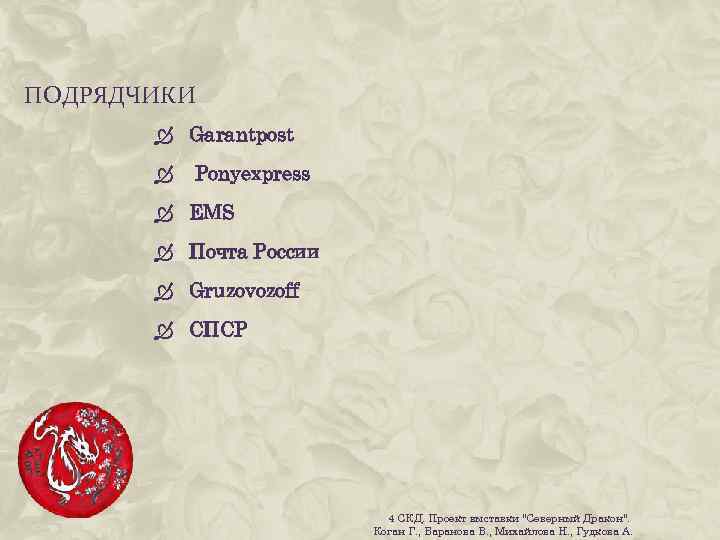 ПОДРЯДЧИКИ Garantpost Ponyexpress EMS Почта России Gruzovozoff СПСР 4 СКД. Проект выставки 