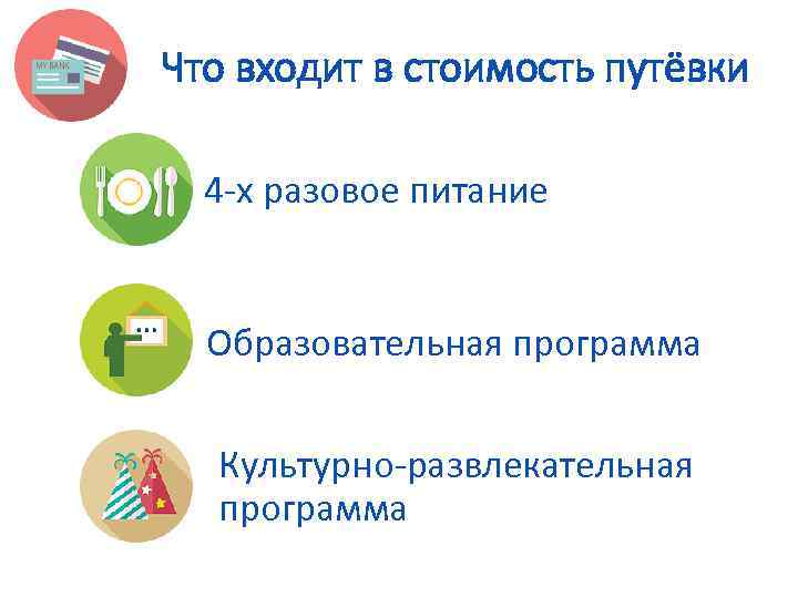 Что входит в стоимость путёвки 4 -х разовое питание Образовательная программа Культурно-развлекательная программа 