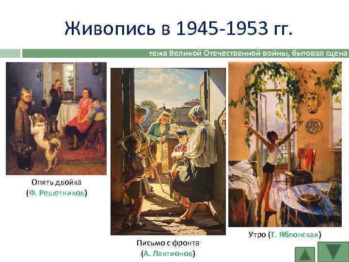 Живопись в 1945 -1953 гг. тема Великой Отечественной войны, бытовая сцена Опять двойка (Ф.