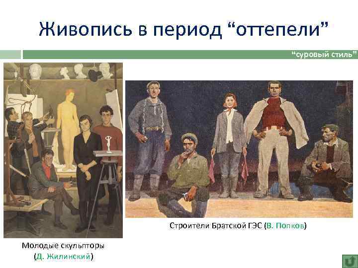 Живопись в период “оттепели” “суровый стиль” Строители Братской ГЭС (В. Попков) Молодые скульпторы (Д.