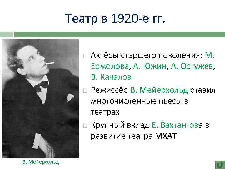 Театр в 1920 -е гг. В. Мейерхольд Актёры старшего поколения: М. Ермолова, А. Южин,