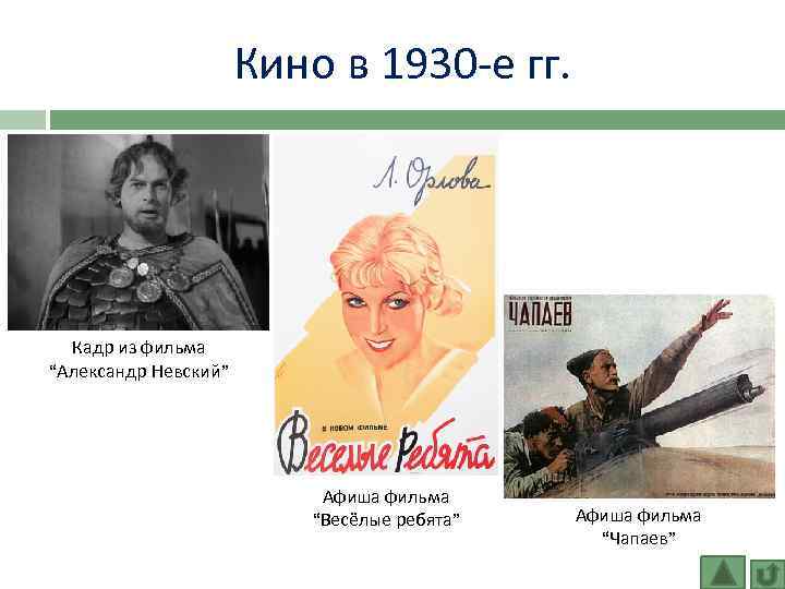 Кино в 1930 -е гг. Кадр из фильма “Александр Невский” Афиша фильма “Весёлые ребята”