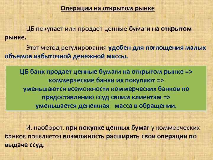 Операции на открытом рынке. ЦБ покупает или продает ценные бумаги на открытом рынке. Этот