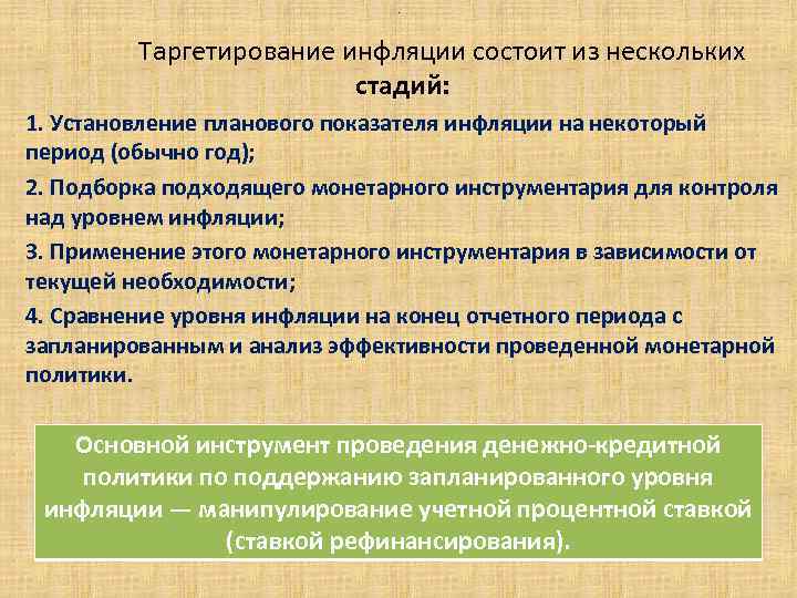 . Таргетирование инфляции состоит из нескольких стадий: 1. Установление планового показателя инфляции на некоторый