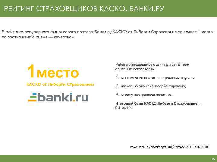 РЕЙТИНГ СТРАХОВЩИКОВ КАСКО, БАНКИ. РУ В рейтинге популярного финансового портала Банки. ру КАСКО от
