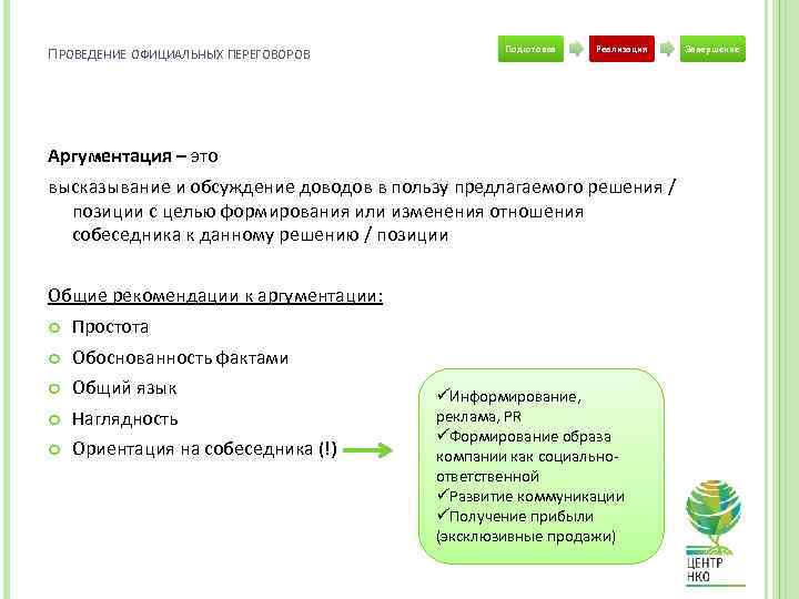 ПРОВЕДЕНИЕ ОФИЦИАЛЬНЫХ ПЕРЕГОВОРОВ Подготовка Реализация Аргументация – это высказывание и обсуждение доводов в пользу