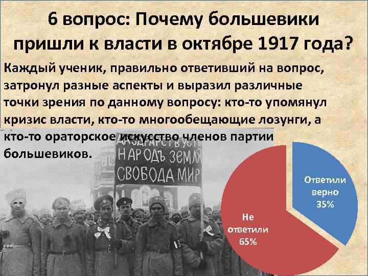 6 вопрос: Почему большевики пришли к власти в октябре 1917 года? Каждый ученик, правильно