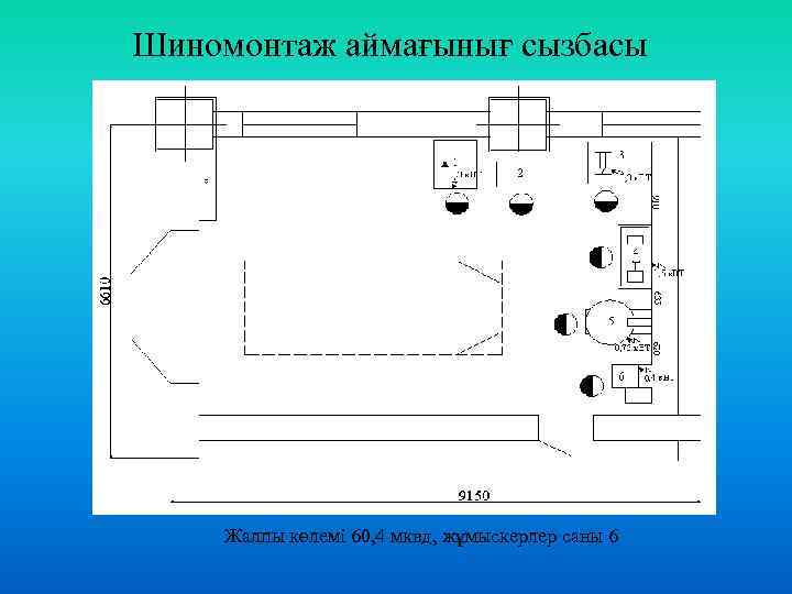 Шиномонтаж аймағынығ сызбасы Жалпы көлемі 60, 4 мквд, жұмыскерлер саны 6 