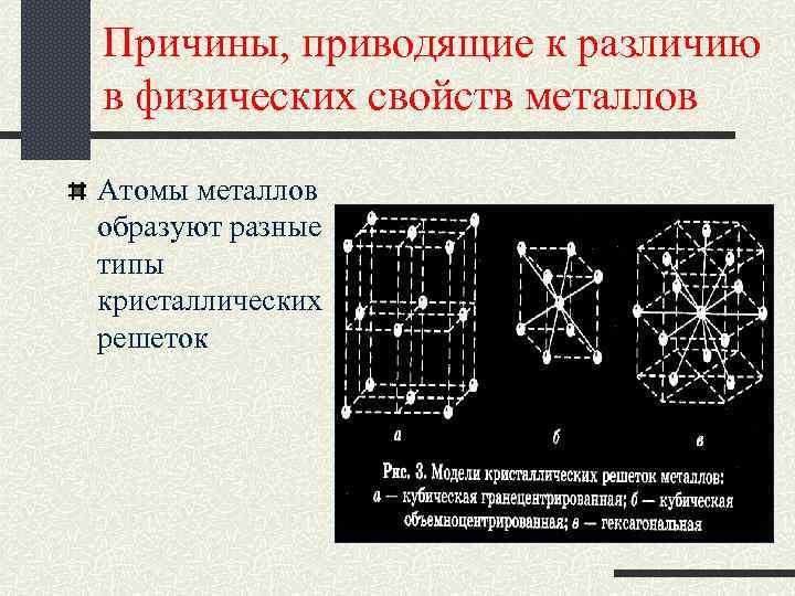 Причины, приводящие к различию в физических свойств металлов Атомы металлов образуют разные типы кристаллических