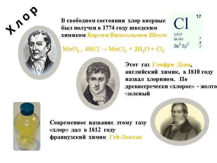 р о л Х В свободном состоянии хлор впервые был получен в 1774 году