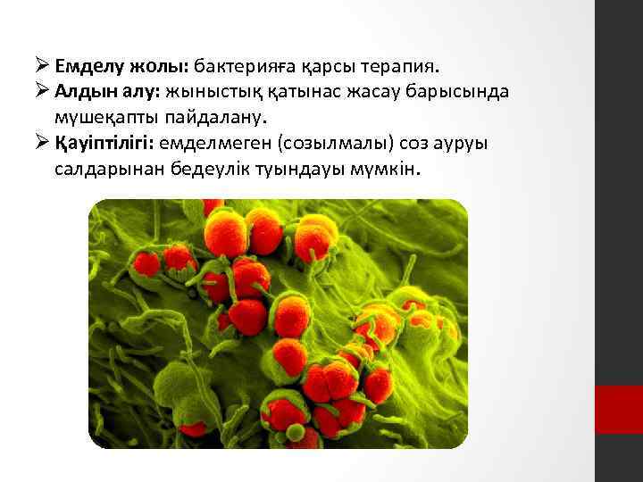 Ø Емделу жолы: бактерияға қарсы терапия. Ø Алдын алу: жыныстық қатынас жасау барысында мүшеқапты