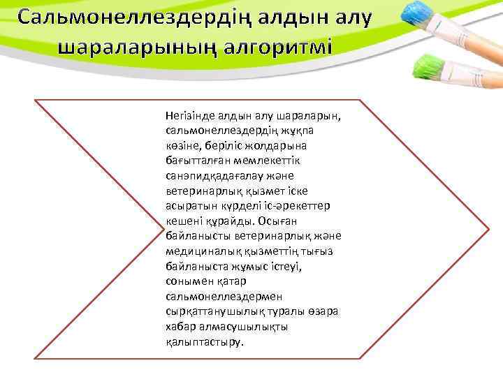 Негізінде алдын алу шараларын, сальмонеллездердің жұқпа көзіне, беріліс жолдарына бағытталған мемлекеттік санэпидқадағалау және ветеринарлық