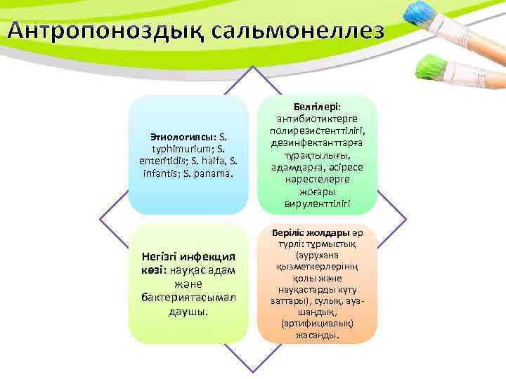 Этиологиясы: S. typhimurium; S. enteritidis; S. haifa, S. infantis; S. panama. Белгілері: антибиотиктерге полирезистенттілігі,