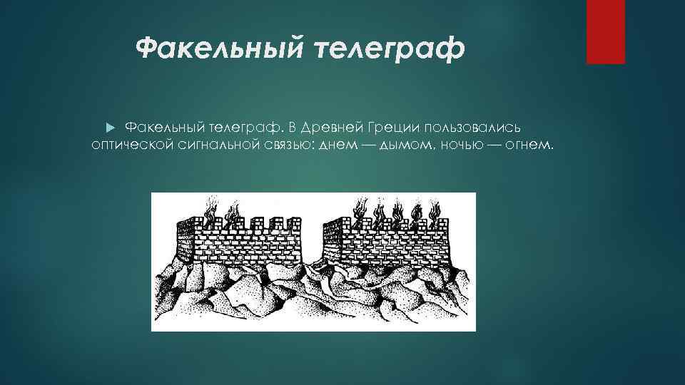 Факельный телеграф. В Древней Греции пользовались оптической сигнальной связью: днем — дымом, ночью —