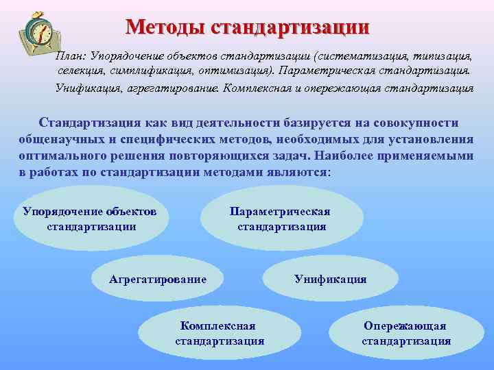 Методы стандартизации План: Упорядочение объектов стандартизации (систематизация, типизация, селекция, симплификация, оптимизация). Параметрическая стандартизация. Унификация,