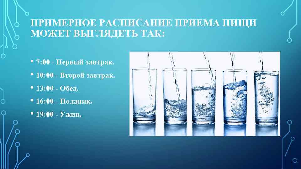 ПРИМЕРНОЕ РАСПИСАНИЕ ПРИЕМА ПИЩИ МОЖЕТ ВЫГЛЯДЕТЬ ТАК: • 7: 00 - Первый завтрак. •