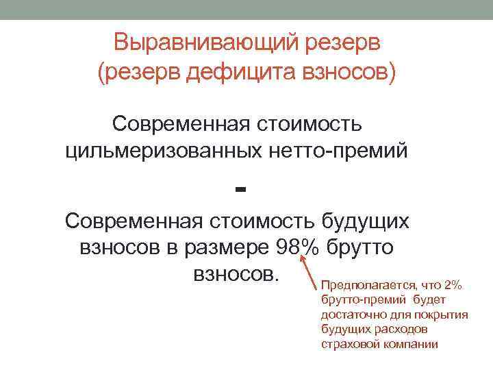 Выравнивающий резерв (резерв дефицита взносов) Современная стоимость цильмеризованных нетто премий - Современная стоимость будущих