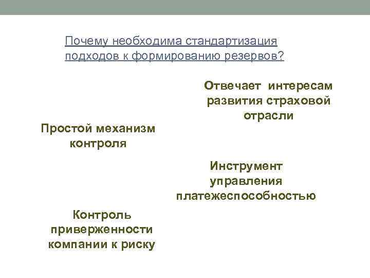 Почему необходима стандартизация подходов к формированию резервов? Простой механизм контроля Отвечает интересам развития страховой