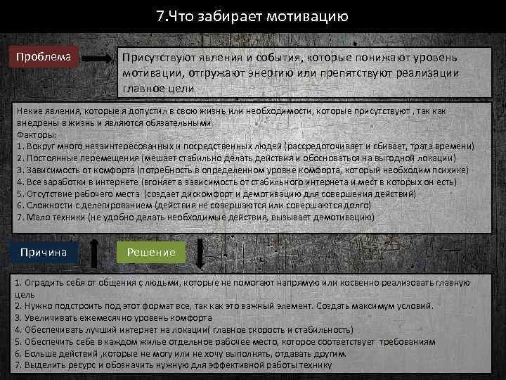 7. Что забирает мотивацию Проблема Присутствуют явления и события, которые понижают уровень мотивации, отгружают