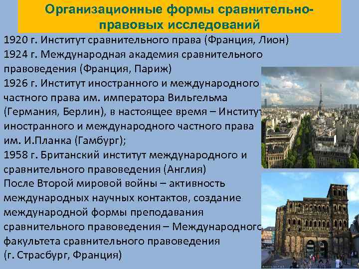 Организационные формы сравнительноправовых исследований 1920 г. Институт сравнительного права (Франция, Лион) 1924 г. Международная