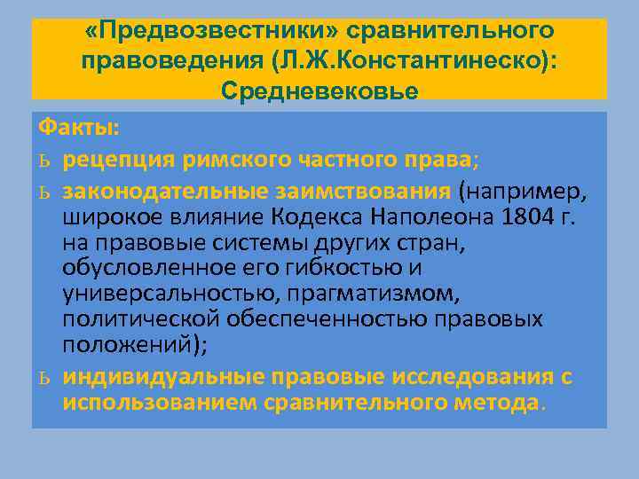  «Предвозвестники» сравнительного правоведения (Л. Ж. Константинеско): Средневековье Факты: ь рецепция римского частного права;