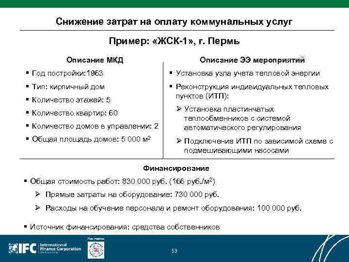 Снижение затрат на оплату коммунальных услуг Пример: «ЖСК-1» , г. Пермь Описание МКД Описание
