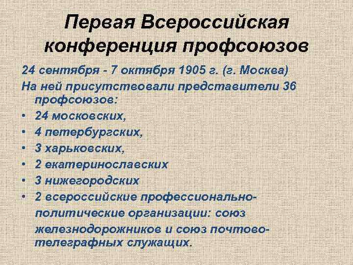 Первая Всероссийская конференция профсоюзов 24 сентября - 7 октября 1905 г. (г. Москва) На