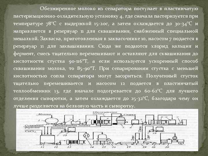 Обезжиренное молоко из сепаратора поступает в пластинчатую пастеризационно-охладительную установку 4, где сначала пастеризуется при