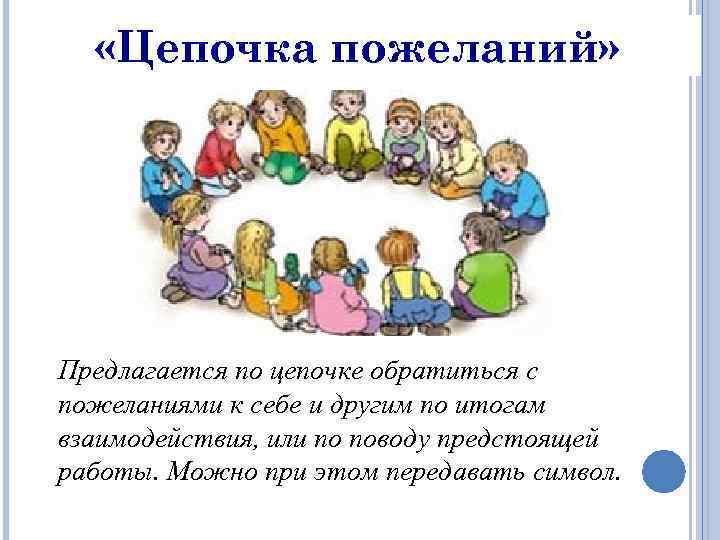  «Цепочка пожеланий» Предлагается по цепочке обратиться с пожеланиями к себе и другим по