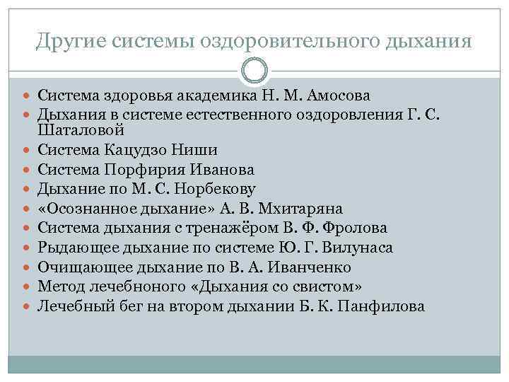 Другие системы оздоровительного дыхания Система здоровья академика Н. М. Амосова Дыхания в системе естественного