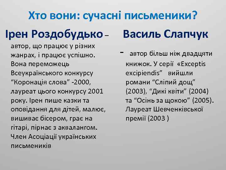 Хто вони: сучасні письменики? Ірен Роздобудько – Василь Слапчук автор, що працює у різних