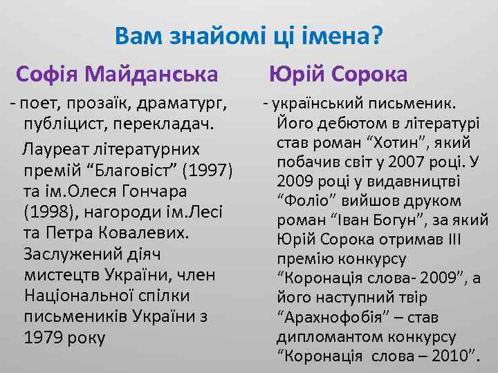 Вам знайомі ці імена? Софія Майданська - поет, прозаїк, драматург, публіцист, перекладач. Лауреат літературних