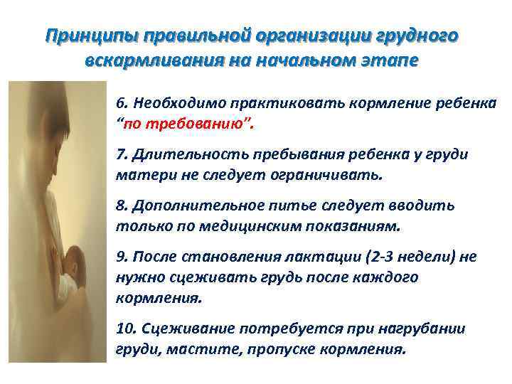 Принципы правильной организации грудного вскармливания на начальном этапе 6. Необходимо практиковать кормление ребенка “по