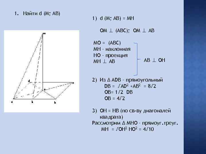 1. Найти d (M; AB) 1) d (M; АВ) = MH OM ⊥ (ABC);