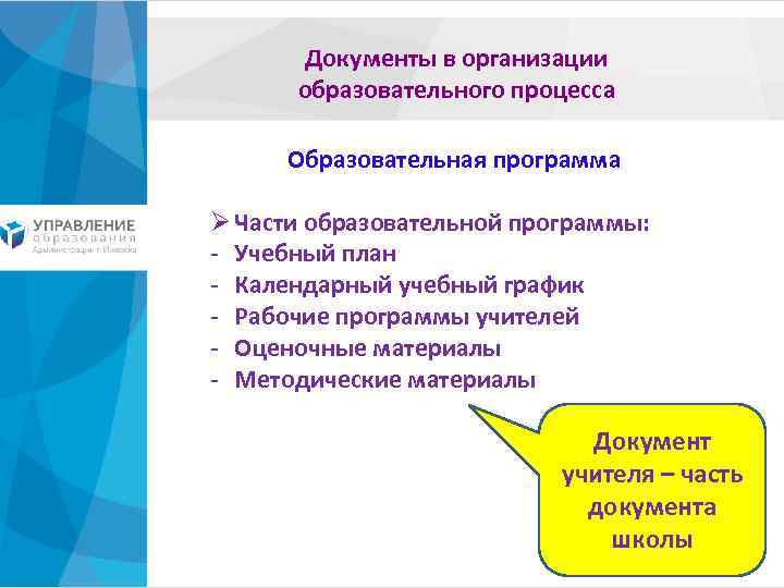 Документы в организации образовательного процесса Образовательная программа Ø Части образовательной программы: - Учебный план